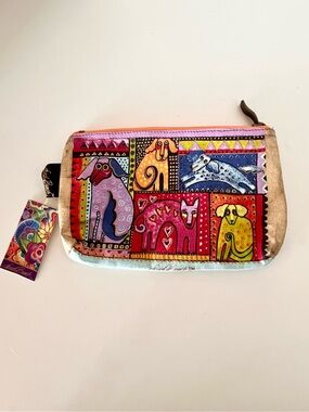 NWT Laurel Burch Whimsical Dogs Cosmetic Bag Pristine Artsy Makeup Pouch Canvas